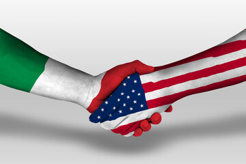 Handshake between united states of america and italy flags painted on hands, illustration with...