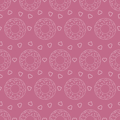 Donuts and hearts seamless pattern. Vector illustration.