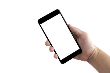Hand of a white man holding a black smartphone and a white screen at a isolate background with clipping path.design for banner and advertising.