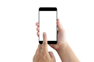 Hand of a white man holding a black smartphone and a white screen at a isolate background with clipping path.