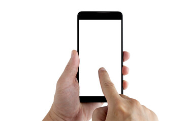Hand of a white man holding a black smartphone and a white screen at a isolate background with clipping path.