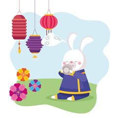 Obraz na płótnie Canvas rabbit cartoon in traditional cloth with tea cup and lanterns vector design