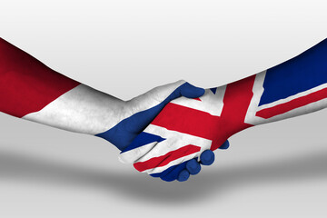 Handshake between united kingdom and netherlands flags painted on hands, illustration with clipping...