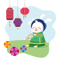 Obraz na płótnie Canvas rabbit cartoon in traditional cloth with tea pot cup and lanterns vector design