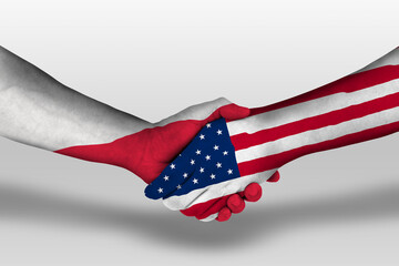 Handshake between united states of america and poland flags painted on hands, illustration with...