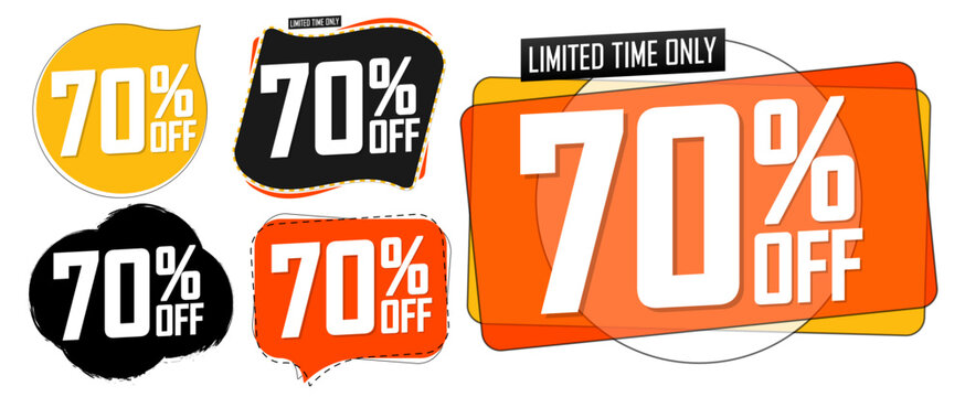 Set Sale 70% off banners, discount tags design template, vector illustration