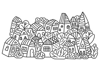 Cute cartoon houses . Hand drawn coloring Book for children and adults. Black and white vector illustration