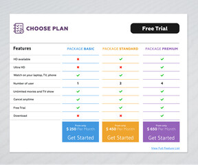 Modern Pricing Table Design with three Subscription Plans. Flat infographic pricing table design template for website or presentation.