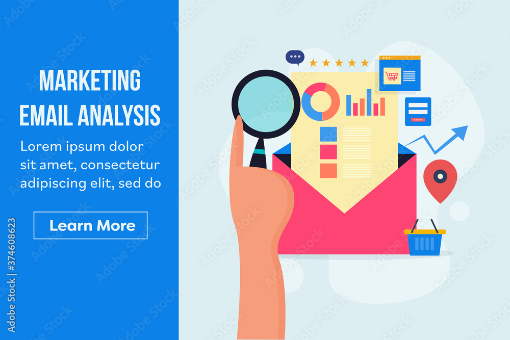 Poster businessman analysing email marketing data and metrics . email envelope with marketing audit report.