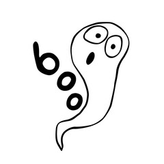 Cute kawaii creepy ghost. Vector outline illustration in doodle style. For Halloween design, postcard, sticker, invitation, party poster, advertisement, coloring page