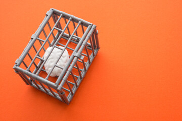 Brain in cage on orange background with copy space. Creativity idea, human rights or freedom thinking concept.
