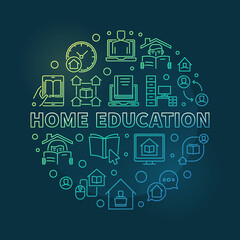 Fototapeta na wymiar Vector Home Education concept round colorful outline illustration on dark background