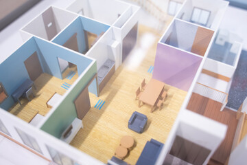Modern, colorful housing model in a new style with a simulation of parking and living