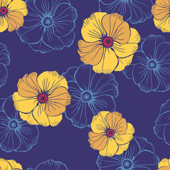 Seamless vector pattern with golden flowers, dark blue background
