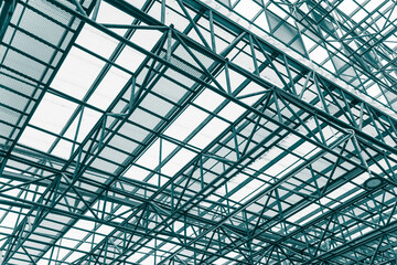 Fototapeta premium Abstract pattern geometry background from roof top greenhouse architecture. Metal streel building structure.