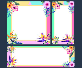 tropical collection with exotic flowers and palm, Editable templates for social media stories. to combine with your photos. Idea for brochures and banners. Vector design