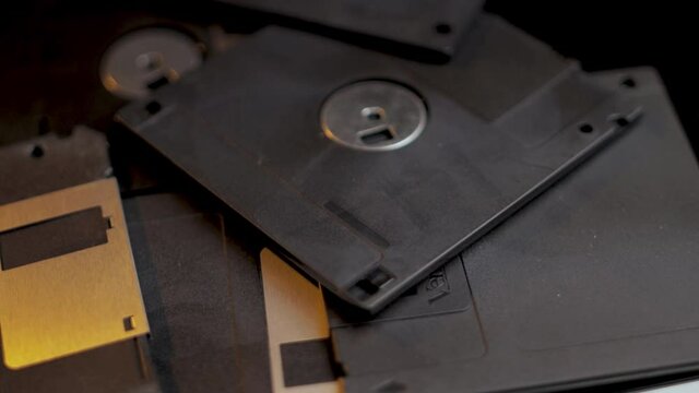 Floppy Disc Drives Close Up. Vintage Computer Data Storage From 80s, Full Frame