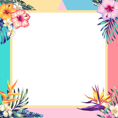 Fototapeta na wymiar frame of tropical flowers and palm leaves for posts in social networks, Place for photo and text. Editable templates for social media stories.