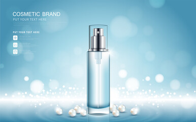 cosmetic product poster, bottle package design with moisturizer cream or liquid, sparkling background with glitter polka.