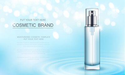 cosmetic product poster, bottle package design with moisturizer cream or liquid, sparkling background with glitter polka.