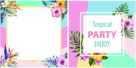  tropical collection with exotic flowers and palm leaves Design, background - design template for poster, banner, post in social network.