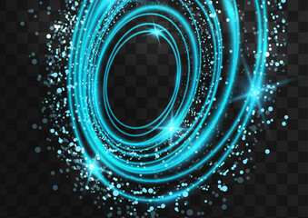 Frame of bright neon blue oval rings with glitter, sparkles and flashes on a dark transparent background. Vector