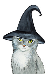 Lovable, pretty kitty of gray color. Beautiful drawing with watercolors. Close-up. Concept of preparation for holiday. Congratulations for relatives, family, friends and colleagues