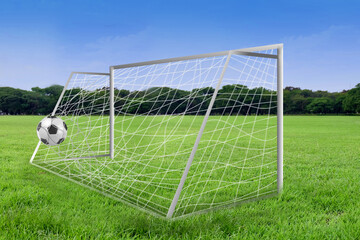 A soccer ball strikes a net goal
