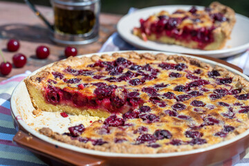 Homemade cherry pie on rustic background, close up