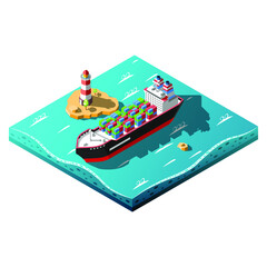 Isometric 3D Container Ship Vector Design Style Transport With Lighthouse And Water