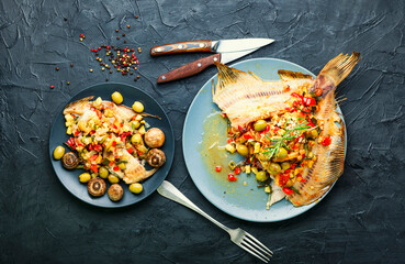 Fried plaice with vegetables