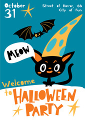 Vector Welcome to Halloween party poster in cartoon flat style