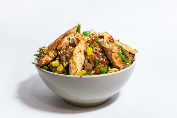 spicy asian rice with meat isolation, concept food