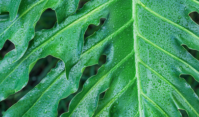 Closeup of large philodendron leaf freshly wet after a rain, with soft lighting, shallow depth of field and selective focus