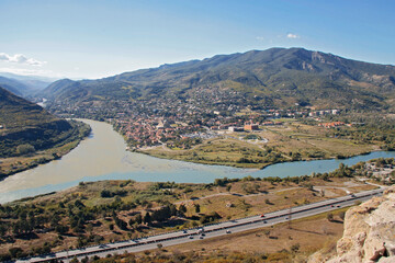 Aragvi and Kura rivers confluence near city of Mtskheta in Georgia