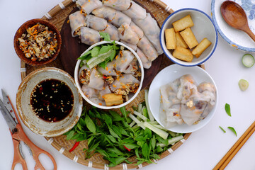 tray of Vietnamese food ready to eat for breakfast, homemade vegan rice noodles roll