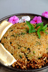 Vietnamese homemade food for lunch time, woman hand hold fried rice, simple vegan food for vegetarian