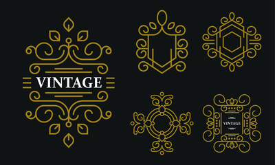 Vintage typographic decorative ornament design elements set vector illustration. Set of geometric gold frame and silver frames isolated on Black. Golden Geometrical frames.