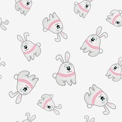 Seamless background with hares. Grey vector rabbits on a white background