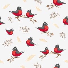Seamless image with bullfinches on a branch. Drawing with red birds on a white background