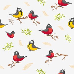 Bright seamless pattern with birds on a white background. Model for clothing with a tit and a bullfinch.