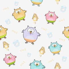 Pattern with an owl for printing on clothing. Children's seamless background with owls.