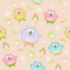 Cute vector owls for printing on clothes and fabric. Seamless patterns with owl