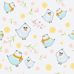 Bluebirds with flowers. Seamless pattern for printing on fabric and children's clothing.