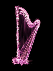 A beautiful hand-drawn Harp in a black background with futuristic glow style