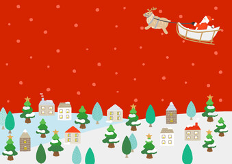 ソリを引くサンタクロースと雪景色の街並み