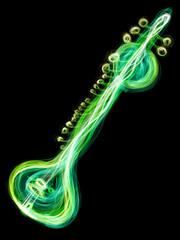 A beautiful hand-drawn Sitar in a black background with futuristic glow style. SItar is a musical instrument from India