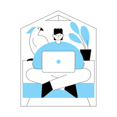 Vector flat illustration of tiny compact house, boy with laptop on sofa, plant, parrot in interior isolated on white background. Design for banners, posters, landing pages, web design, etc.