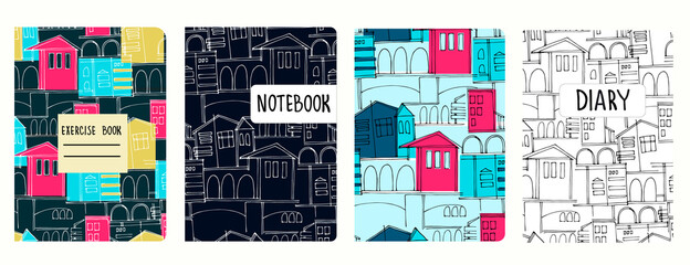 Set of cover page vector templates based on seamless patterns with cityscapes, historic buildings, archways. Perfect for exercise books, notebooks, diaries, presentations