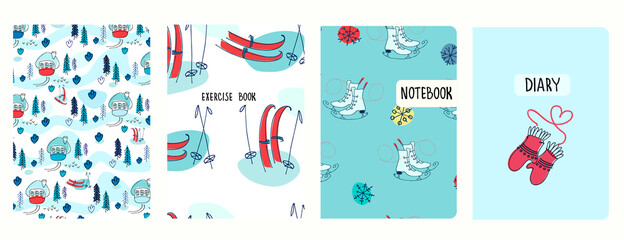 Set of cover page vector templates based on seamless patterns with winter landscapes, snow, skis, skates. Perfect for exercise books, notebooks, diaries, presentations